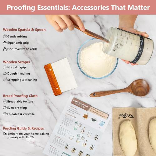 KIIZYS Sourdough Starter Kit – 2 x 34 oz Wide-mouthed Glass Jars, with Acacia Koa & Beechwood Utensils & Lids – Organic Cotton Fabrics, Tracker Bands, & Temp Stickers - Sourdough Bread Baking