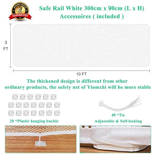 Child Safety Net, Durable Banister Guard for Baby Safety Stairs Railing Balcony Cribs, Banister Stair Mesh Baby Proofing, Easy to Install Stair Netting for Kids, Pets, Toys - (10ft Lx3ft H) White