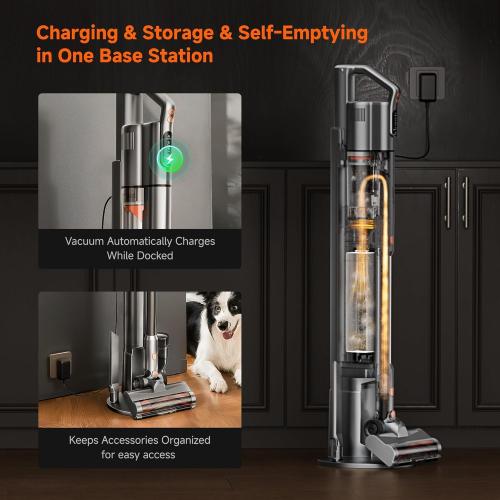 uwant V500 Cordless Vacuum Cleaner with Auto Empty&Auto Dust Scrap System, 7-Layer HEPA Filtration, Anti-Tangle Brush, Stick Vacuum for Pet Hair, Hard Floors, Carpet，Grey