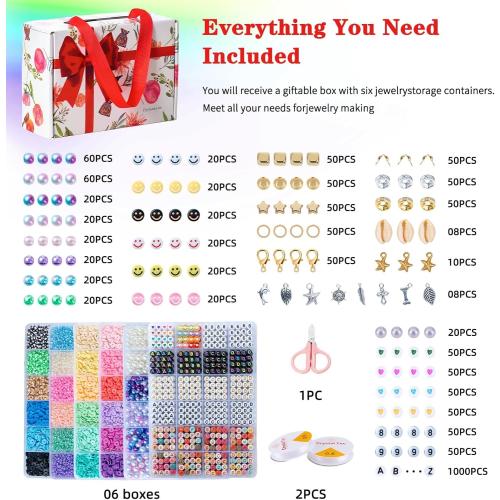 SJZWSD 6-Box Friendship Bracelet Making Kit - 16,000pcs Clay, Seed & Glass Beads Collection, Letter Beads, Charms