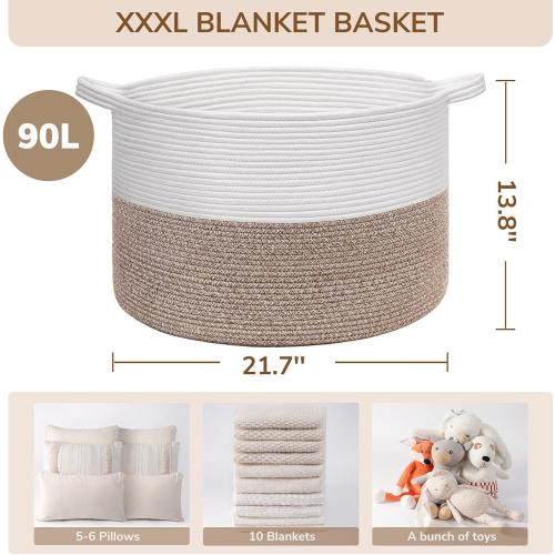 INDRESSME XXXLarge Cotton Rope Basket 21.7 x 21.7 x 13.8 Woven Baby Laundry Blanket Basket Toy Baskets with Handle Storage Comforter Cushions Thread Laundry Hamper Home Decor Living Room
