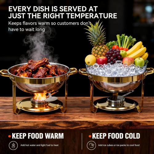 6QT Gold Chafing Dishes for Buffet, 304 Stainless Steel Food Pan with Lid, Round Chafing Dish Buffet Set of 4 Pack Food Warmer, Food Warmers for Parties Buffet Catering Events Dinners
