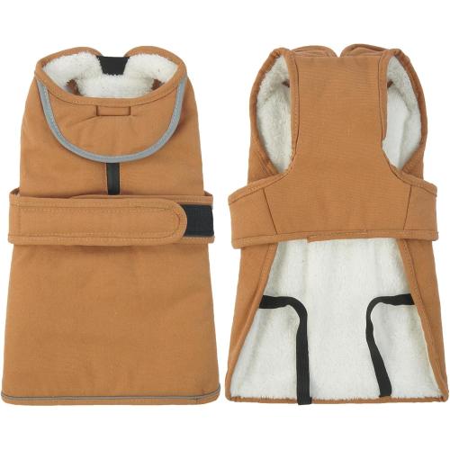 Kuoser Canvas Dog Coat, Warm Dog Jacket Reflective Fleece Pet Cold Weather Coat, Warm Doggie Clothes Waterproof Winter Vest with Zipper Leash Hole for Small Medium Large Dogs, Brown L