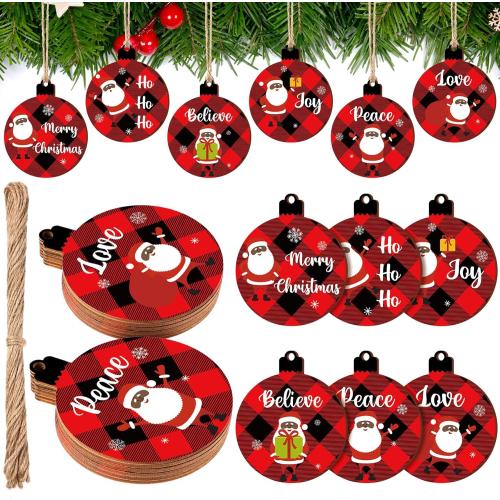 36 Pieces Black Santa African American Christmas Tree Wood Ornaments - Farmhouse Round Hanging Wishes Crafts - Buffalo Plaid Ornament for Holiday Party Wedding