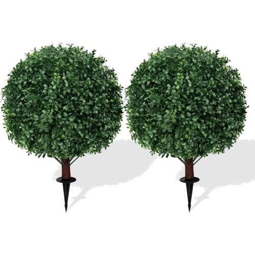 Artificial Boxwood Topiary Ball Trees with Ground Spike, 2 Pack 16 Inches UV Resistant Artificial Shrubs, Fake Evergreen Artificial Plant Brush for Indoor Outdoor Front Porch Garden