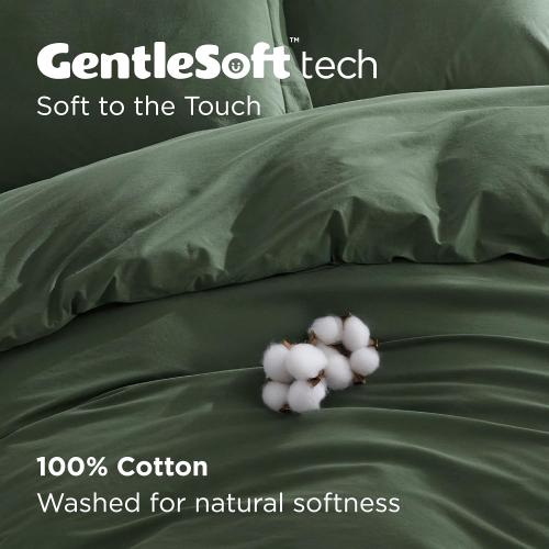 Bedsure 100% Washed Cotton Duvet Cover Queen Size - Olive Green Minimalist Cotton Duvet Cover Linen Like for All Seasons - GentleSoft™ Plain Simple Bedding (Olive Green, Queen, 90x90)