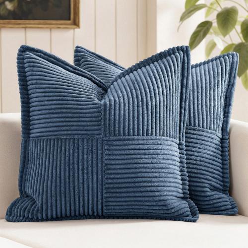 MIULEE Decorative Throw Pillow Covers for Couch Bed Livingroom 20x20 Inch Blue Boho Accent Throw Pllows Broadside Striped Patchwork Soft Corduroy Summer Coastal Pillowcases