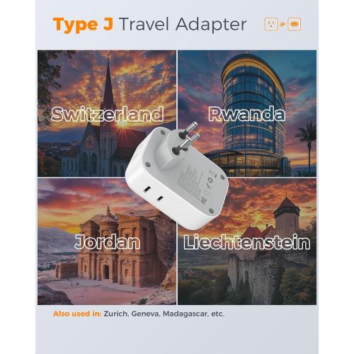 TESSAN Switzerland Travel Plug Adapter, Type J Switzerland Power Adapter with 4 Outlets 3 USB (2 USB-C), Swiss Plug for US to Rwanda Jordan Liechtenstein Madagascar, Travel Essentials