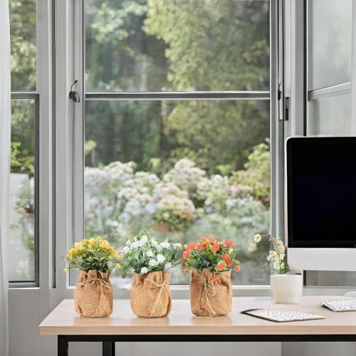 Velener Artificial Flowers in Small Burlap Bag Vases 3Pcs - Faux Flowers Farmhouse Home Coffee Table Bookshelf Office Desk Decor Kitchen Dining Room Fake Plants Indoor(Red/White/Yellow)