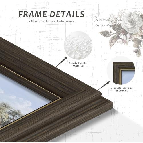 Picrit 24x36 Poster Frame, Vintage 24 x 36 Picture Frame, Retro Home Decor Wall Hanging Gallery Frames, Photo Frame for Horizontal or Vertical Wall Mounting, Brown and Gold