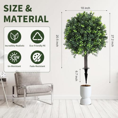 27.2 Artificial Boxwood Topiary Set of 2 with Spike, Fake Plants Boxwood Balls Greenery Bushes, Uv Resistant Artificial Outdoor Plants Shrubs for Front Porch Decor, Home Faux Plants Indoor