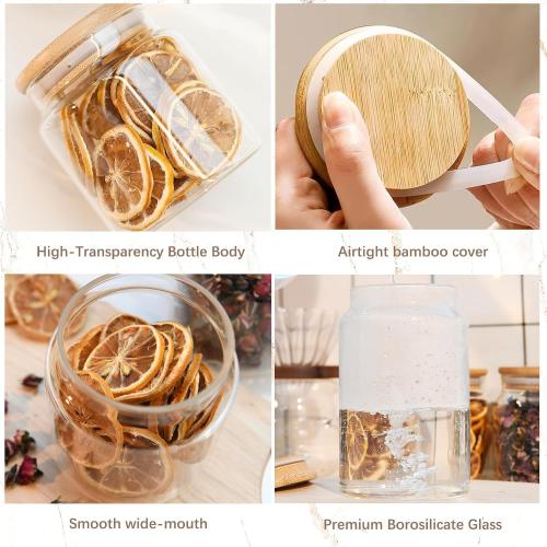 17.6 fl oz Glass Storage Containers with Lids,Candy Jar with Lid, Glass Food Storage Containers for Kitchen Counter, Pantry, Decorative Jar for Coffee, Sugar,Tea, Cute Jar (Bamboo 17.6 FL OZ)