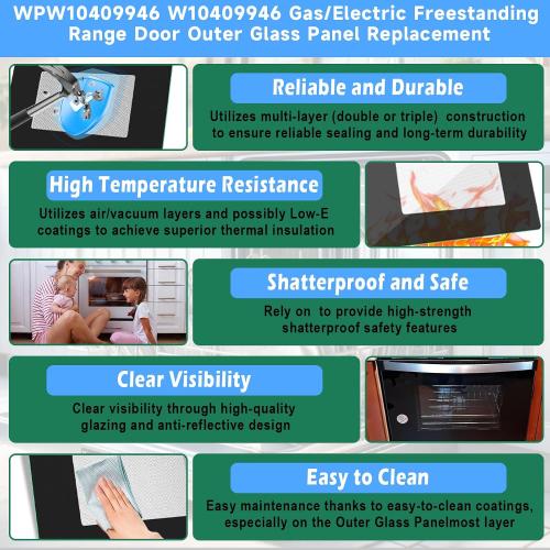 Upgraded WPW10409946 W10409946 Gas/Electric Freestanding Range Oven Stove Door Outer Glass Panel Replacement Compatible with Whirlpool Gas/Electric Range Oven Stove Parts 2210188 AP6021060 PS11754380