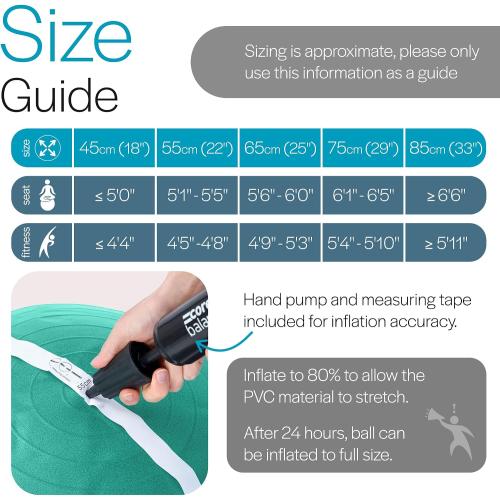 Core Balance Exercise Ball, Stability Ball for Yoga, Pilates and Fitness, Gym Ball for Home Gym and Office Chair, Training, Physical Therapy, Anti Burst, Pump Included, 55cm 65cm 75cm 85cm