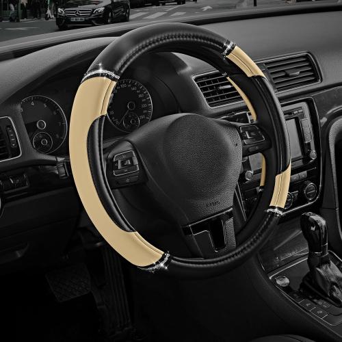 Road Comforts Leather Steering Wheel Cover - Made with PVC Leather - Anti-Slip, Universal Fit 14 1/2 inches to 15 inches - Beige