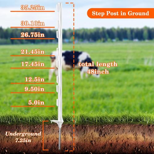 Size 48/4 ft 25 Pack Electric Fence Posts,48 Inch/4FT Step-in Plastic Posts for Farm and Garden,Temporary Sturdy Fencing System for Electric Fencing and Yard Protection, White