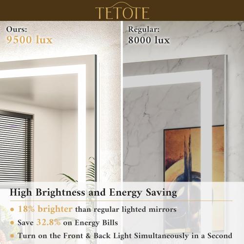 TETOTE LED Bathroom Mirror 24 x 30 Inch Lighted Bathroom Vanity Mirror with Lights, Brighter Frontlit and Backlit Light up Anti Fog Mirror, 3-Color Dimmable, Shatterproof Tempered Glass, Waterproof