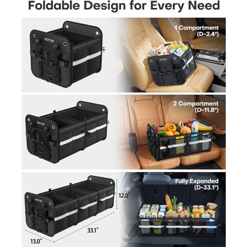 HOTOR Trunk Organizer for SUV – Car Storage Box with Reflective Strips, Collapsible Car Organizer with Large Capacity, Essential Car Accessories for Truck, Van & Sedan, Black, 33.1 x 13.0 x 12.0
