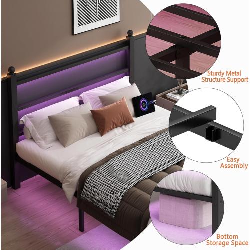 Twin Bed Frame with Headboard and Footboard,Steel Slats Support-LED Bed Frame with USB Charging Station,Mattress Foundation-Under Bed Storage,No Box Spring Needed,Noise Free,Black