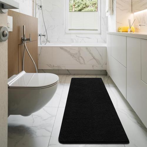 LOCHAS Luxury Bathroom Rug Shaggy Bath Mat 24 x 60 Inch, Washable Non Slip Bath Rugs for Bathroom Shower, Soft Plush Chenille Absorbent Carpets Mats, Black