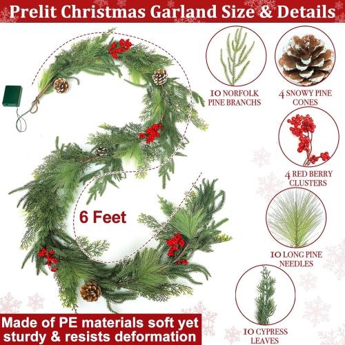 Prelit & Timer - 6FT Christmas Garland with Lights, Real Touch Norfolk Pine Garland Green Cedar Garlands Pine Needle Cypress Leaves Pinecone Red Berries Lighted Garland for Fireplace Table Xmas Decor