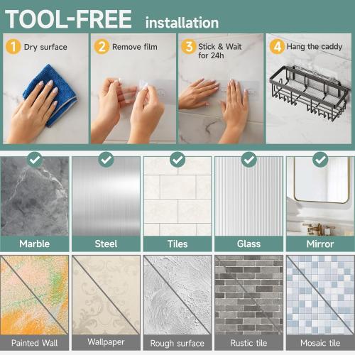 Veken Rustproof & Waterproof Shower Caddy 6-Pack, No Drilling Adhesive Shelves Rack with Soap Holder, Large Capacity Bathroom Organizers and Storage, Wall-Mounted Kitchen & Home Decor