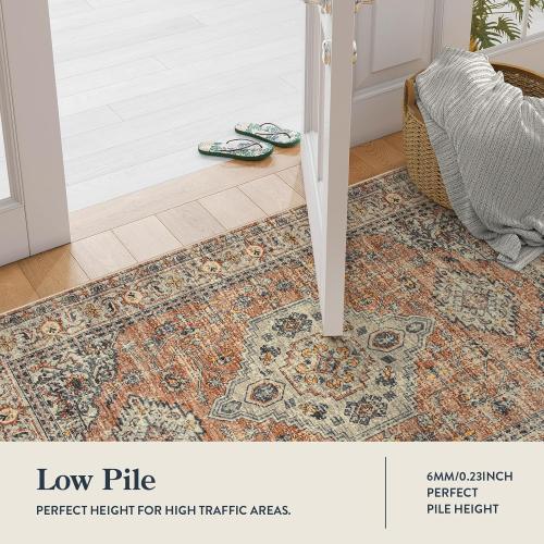 Lahome Oriental Washable Rug, 3x5 Rugs for Bedroom Living Room Entryway, Vintage Ultra-Thin Non-Slip Soft Throw Carpet for Kitchen Office Entrance, Peach/Orange