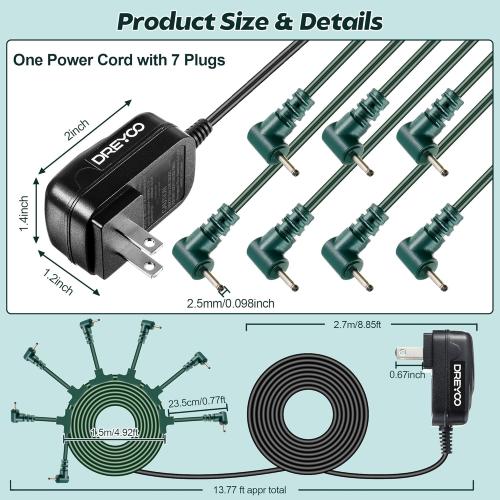 Dreyoo Christmas Ornaments Power Cord with 7 Plug, Compatible with Christmas Ornaments Interactive Ornaments, 5V 10.5W Power Cord Adapter Suitable for 2.5 mm Diameter Power Interface