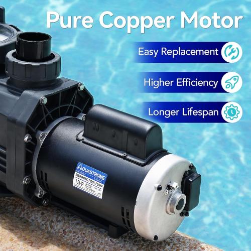 Aquastrong Riptide Series 1.5 HP In/Above Ground Pool Pump, 220V Single Speed, Up to 6,604 GPH High Flow, Pure Copper Motor, Energy Efficient, Self Priming with Filter Basket