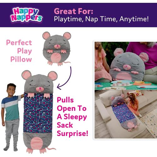 Happy Nappers: Pillow & Sleepy Sack: Large - Mouse - 66 x 30, 2-in-1: Plush Animal Opens Into Sleeping Bag, Soft Play & Nap Character, Kids 3