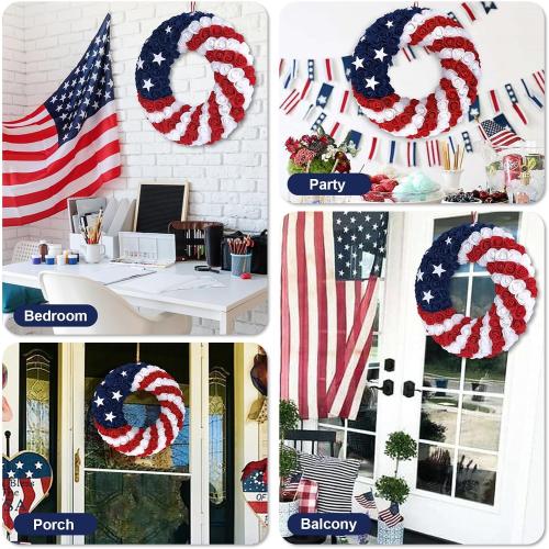18Inch 4th of July Patriotic Roses Wreath, DILIBRA Red Blue White Foam Flower Wreath for Front Door, Artificial Memorial Day American Flag Wreath Garland Decoration for Indoor and Outdoor