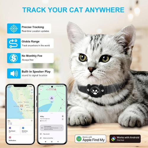 2-in-1 GPS Tracker for Cats: Smart Pet Collar with Real-Time Tracking,No Monthly Fee/Subscription (iOS & Android) Waterproof, Anti-Lost,365-Day Long Battery Life GPS Tracker Cat Collar (Black)