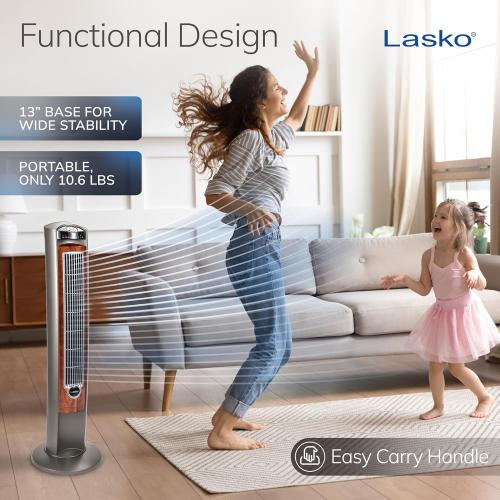 Lasko Oscillating Tower Fan with Remote, Quiet Floor Fans for Bedroom, 42, Woodgrain and Grey, T42954