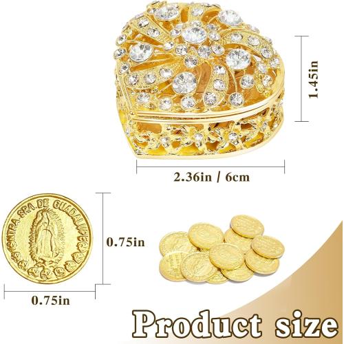 Wedding Arras Coins Set - Gold Heart Shaped Box with 13 Virgen of Guadalupe Coins, Arras De Boda Cristiana, Wedding Accessories for Ceremony