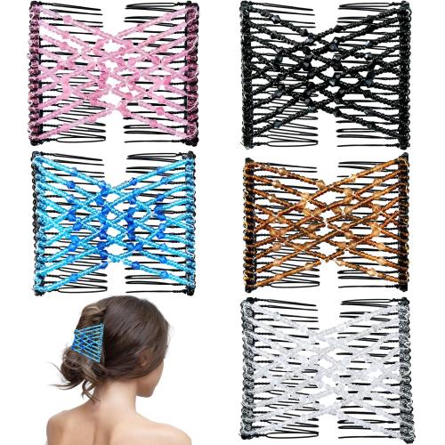 5 Pieces Magic Hair Comb Stretchy Double Comb Elastic Beaded Hair Clips for Women Girls Vintage Hairstyle Multipurpose Hair Accessories (Black, Brown, White, Pink,Blue)
