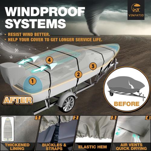 Light Grey Trailerable Boat Cover, 600D Solution-Dyed Bass Boat Cover, Heavy Duty 100% Waterproof Boat Covers Fits V-Hull Runabout Fishing Ski Pro-Style Bass Boats