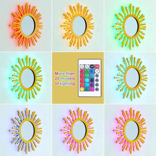 Gold Rising-Sun Mirror Wall Decor with Remote-Control Multicolor Lights,12 inch Boho Wall Decor for Bedroom Living Room Bathroom Kitchen (Gold 12in)