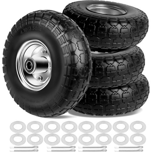 4.10/3.50-4 Tires and Wheels Flat Free 10 Inch Solid Tires Replacement with 5/8 Axle Bore Hole, 16 Spacers 8 Pins, for Cart, Garden Wagon, Wheelbarrow, Hand Truck, Trolley, Lawn Mower，4P