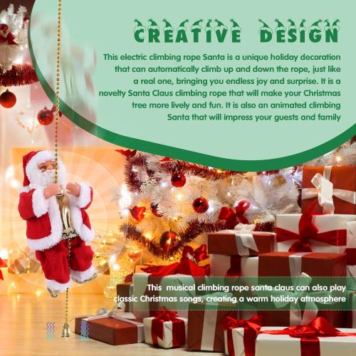 Upgraded Electric Climbing Rope Santa Claus 3 Gears Animated Climbing Christmas Santa Toy Novelty Plush Santa Climbing Rope Musical Ornament for Decoration Gift