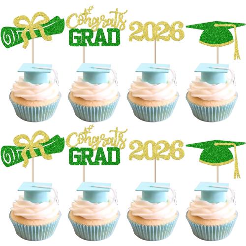 24 Pack Congrats 2026 Graduation Cupcake Toppers Glitter Grad Cap Diploma 2026 Senior Cake Pick for Class of 2026 Theme Party Cupcake Decoration Supplies Blue Green