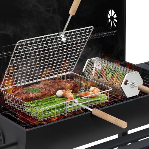 ivtivfu Grill Basket Set, Removable Wooden Handle, Rolling Grilling Tools | 304 Stainless Steel, Smoker BBQ Accessories for Vegetable Fish, Outdoor Cooking Camping, Birthday Gifts for Men Dad Husband