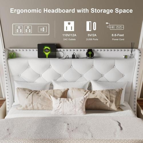 White Feonase Bed Frame with Velvet Luxury Wingback Upholstered Button Tufted Storage Headboard, Full Platform Bed with Charging Station, Sturdy Wooden Slats Support, Easy Assembly, White
