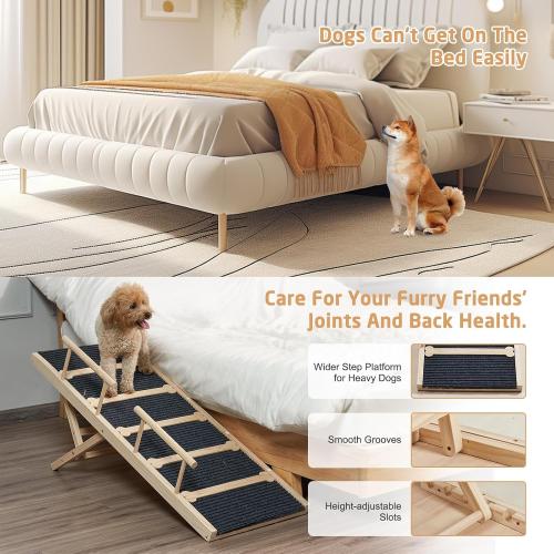 Wooden Dog Ramp for High Bed, 47.2 Long Non-Slip Dog Ramp for Couch, 6 Adjustable Heights from 15.7 to 28 with Side Rails Anti-Slip Traction Mat for Small Medium Large Dogs(Up to 160 Lbs)