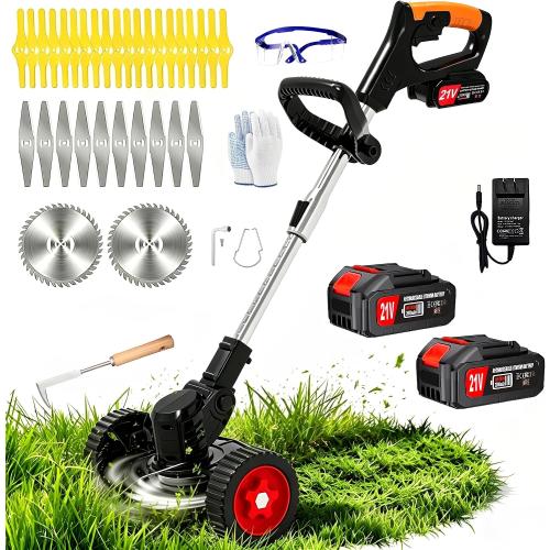 Cordless Weed Wacker Electric Weed Eater Battery Powered Lightweight Edger Portable Stringless Weed Trimmer,3-in-1 Grass Trimmer/Lawn Mower/Brush Cutter,with 3 Types Blades &Wheels for Yard and Garden