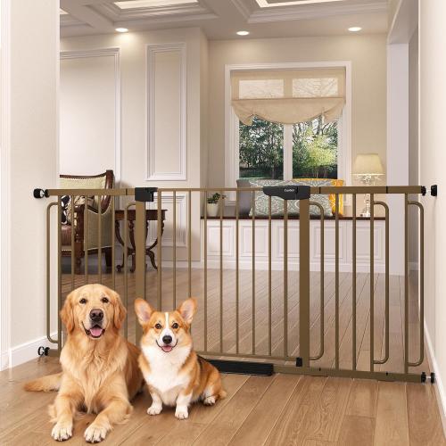Cumbor Extra Wide Baby Gate, 36.6-69 Walk-Through Dog Gate for Stairs, Doorways & Hallways, 30.5“ Tall, Auto-Close & Dual-Swing Safety Child Gate Indoor, Easy Install Pressure-Mounted Pet Gate, Brown