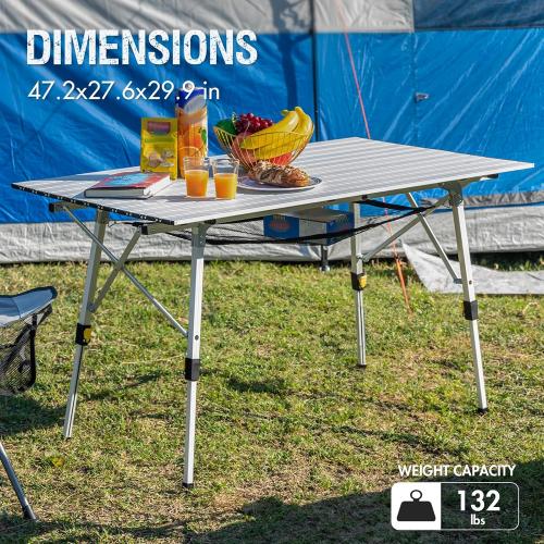 Portal Camping Table Portable Foldable with Adjustable Legs, Aluminum Folding Table Roll Up Table with Carrying Bag for Outdoor, Beach, Picnic, Backyards, BBQ and Party, Silver, Big