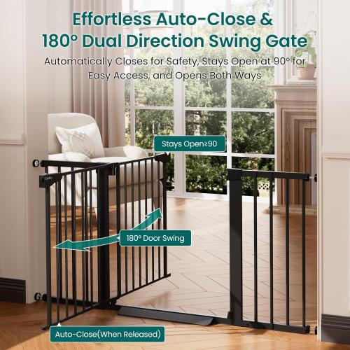 Cumbor 30-54 Extra Wide Baby Gate for Stairs, Dual Lock & Self-Closing Dog Gate Indoor, Easy Install Pet Gate for Doorways, Hallways & Kitchen, Easy Walk Thru Safety Proofing for Babies & Pets, Black