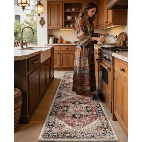 Kitchen Floor Mats Anti Fatigue, 23x86 Large Long Cushioned Vintage Runner Rug Waterproof, Standing Comfort Memory Foam Padded for Front Sink Laundry Office, Beige and Red