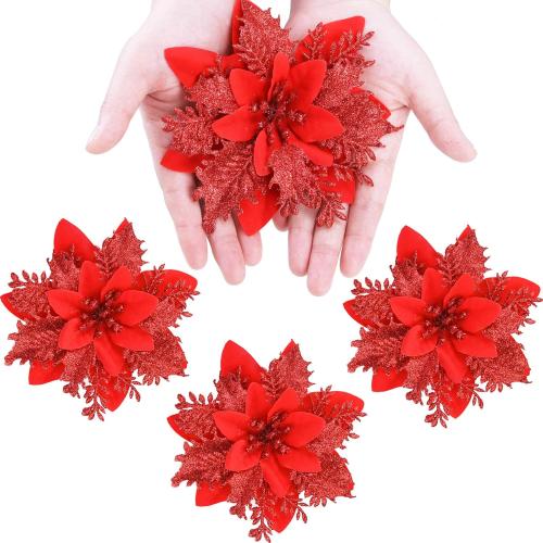 GREENTIME 12 Pcs Glitter Poinsettia 5.5 Artificial Flowers Christmas with Clips Stems Xmas Tree Ornaments for New Year Party Stairs Fireplace Porch Balcony Garden Church Wreath Decoration (Red)
