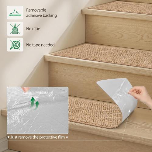15PCS Non-Slip Stair Treads - 8x30 Edging Stair Treads for Wooden Steps Washable Peel and Stick Indoor Stairs Tread Rug Stain Resistant Staircase Mat for Kids and Pets(15pc, Brown)